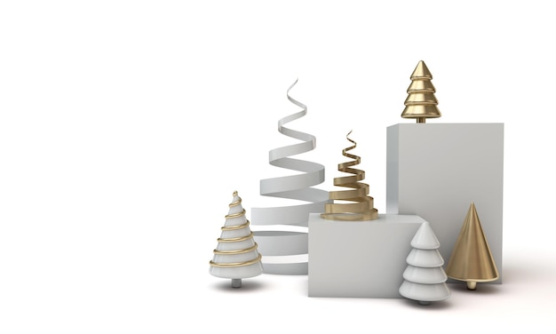 Banner de árbol de navidad mínimo festivo con formas doradas y blancas d renderizado