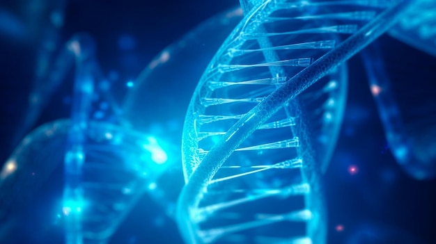 Banner azul médico conceitual com código de luz solar de DNA espiral humano genético poligonal Generative ai