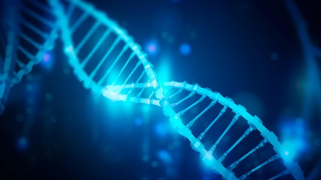 Banner azul médico conceitual com código de luz solar de DNA espiral humano genético poligonal Generative ai