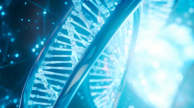Banner azul médico conceitual com código de luz solar de DNA espiral humano genético poligonal Generative ai