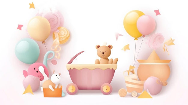 Banner de baby shower con cohete de dibujos animados y globos