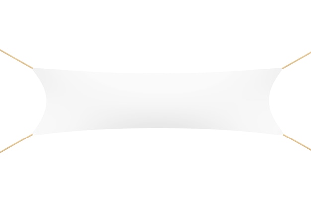Banner en blanco blanco con cuerdas sobre un fondo blanco. Representación 3D.