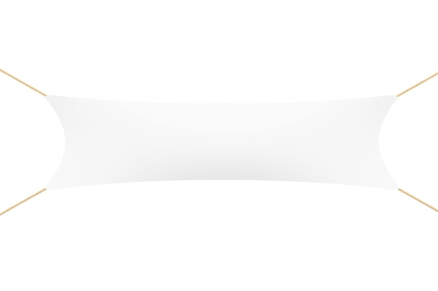 Banner en blanco blanco con cuerdas sobre un fondo blanco. Representación 3D.