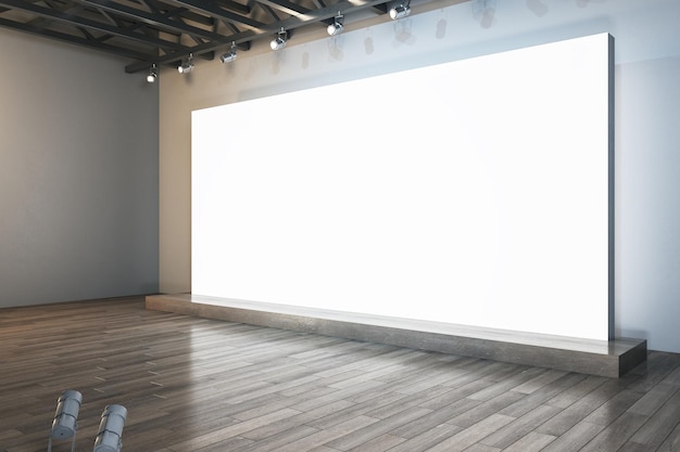 Banner blanco vacío iluminado en el interior con suelo de madera y lugar simulado para su anuncio Representación 3D