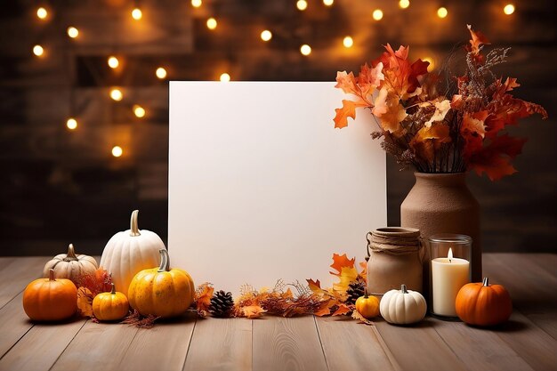 Banner blanco vacío sobre mesa de madera con calabazas y hojas de otoño