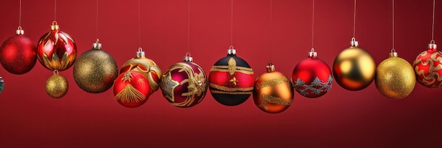 Banner de bolas de Navidad coloridas y festivas sobre fondo rojo