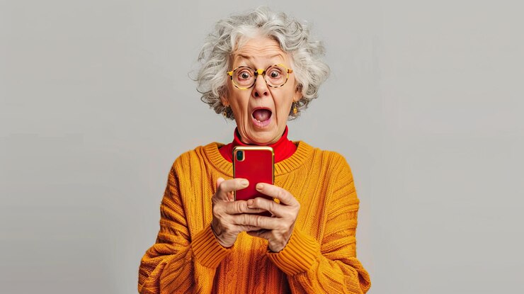 Banner bonito surpreendido divertido mulher velha pensão em casa em um fundo simples com um smartphone em suas mãos olhando para o smartphone