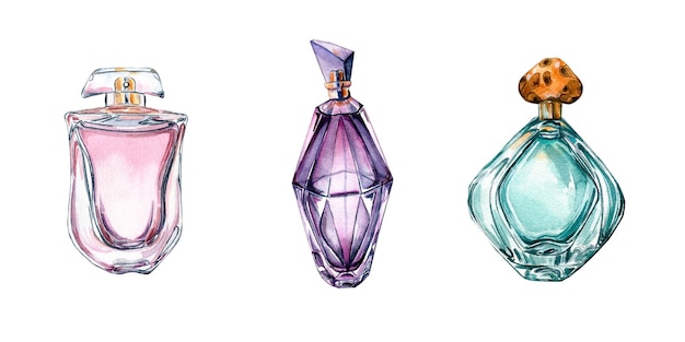 Banner de botellas con ilustración de acuarela de perfume sobre fondo blanco