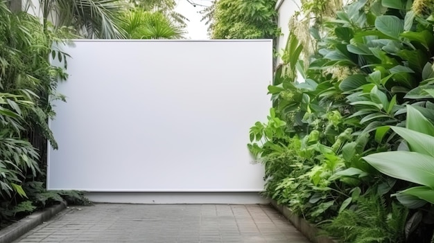 Banner branco vazio com espaço simulado branco da tabuleta no espaço da parede das plantas para texto