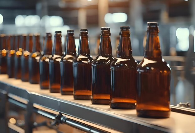 Banner Brauerei Beförderer Braun Glas Alkoholflaschen bewegen sich auf der Produktionslinie moderne Ausrüstung Industrie Getränk mit Kopierplatz