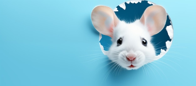 Banner con una cabeza de ratón asomando a través de un agujero de papel en un fondo azul vista delantera concepto de celebración de Pascua con un ratón lindo asomando por un agujera rasgada en una pared de color pastel