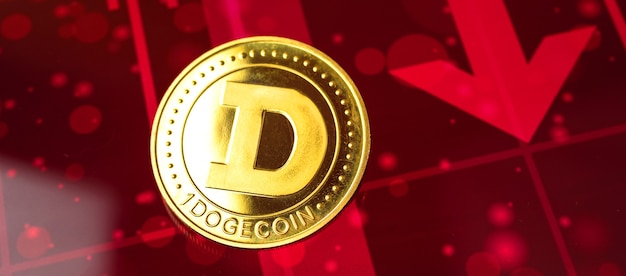 Banner caída del costo de Dogecoin, flecha roja hacia abajo y gráficos de gráfico de acciones en el fondo, concepto de crisis de criptomonedas