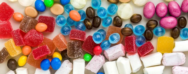 Banner de caramelos multicolores esparcidos sobre el fondo de la mesa productos de azúcar dulces de colores