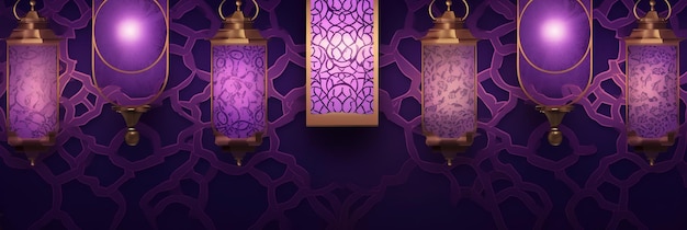 banner de cartel de tema de ramadán con fondo morado y dorado