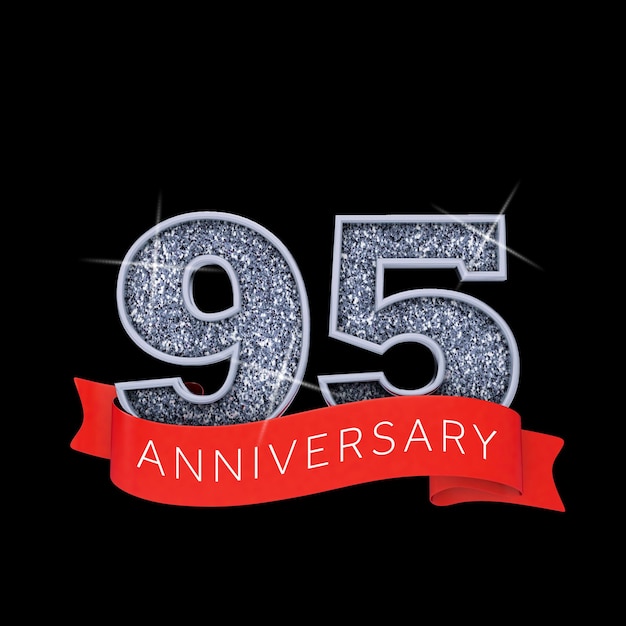 Banner de celebración de aniversario brillante número 95 plateado 3D Render