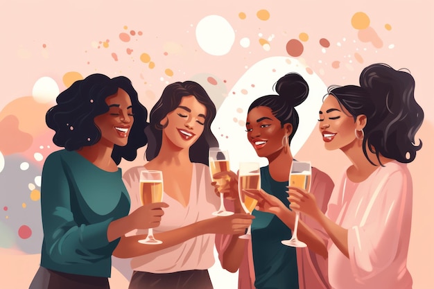 Banner de celebración navideña Chicas felices amigas con copas de vid sobre fondo rosa