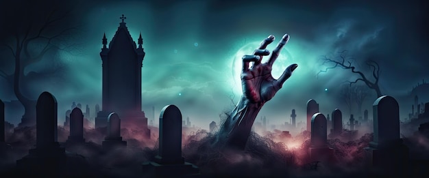 Banner cena de horror do cemitério fundo de Halloween com zumbis mão e morcego à noite com um completo