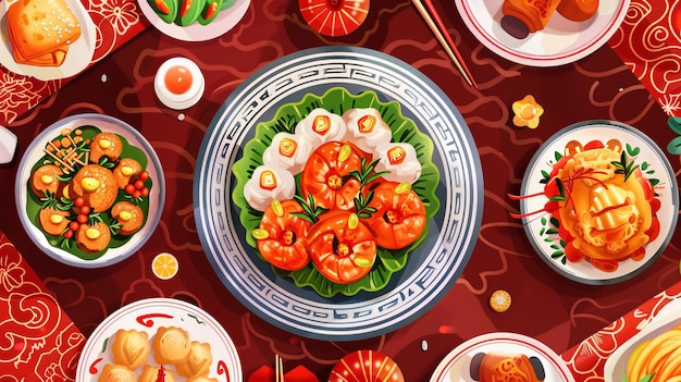 Banner de la cena de la víspera de Año Nuevo Ilustración de deliciosos platos de la noche de reunión en el diseño de collage Texto de la cena en la víspera del Año Nuevo Feliz reunión Platos de buena suerte Ambrosia