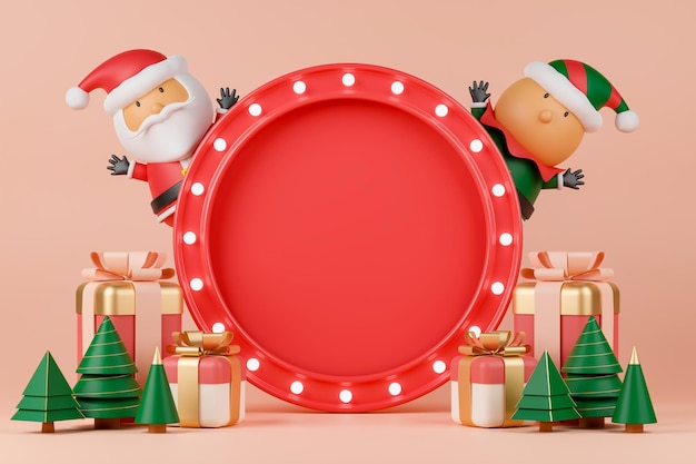 Banner de círculo rojo de representación 3D con Santa Claus, elfo, caja de regalo y árbol de Navidad.