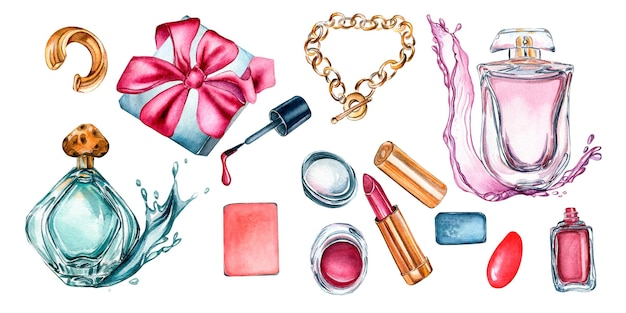 Banner de colección de glamour con ilustración de acuarela de perfumes aislado