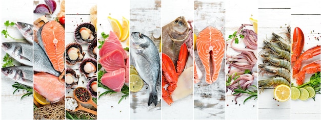 Banner-Collage. Fisch und Meeresfrüchte auf weißem Hintergrund aus Holz.