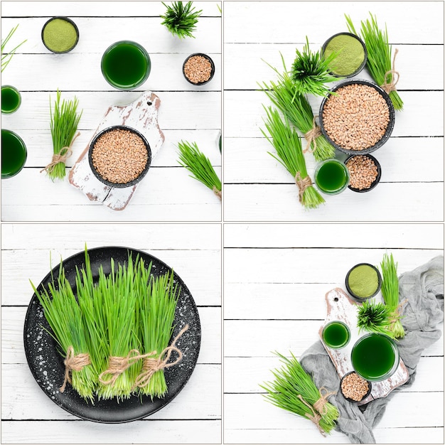 Banner de collage de fotos Bebida saludable de trigo verde sobre un fondo blanco Vista superior Espacio libre para su texto