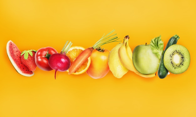 Banner colorido de frutas e salada em branco
