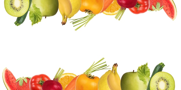 Banner colorido de frutas e salada em fundo branco. Conceito de comida saudável