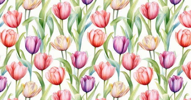 Banner de coloridos tulipanes y follaje de fondo