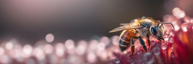 Banner com abelha na flor vermelha coleta pólen Generative AI ilustração