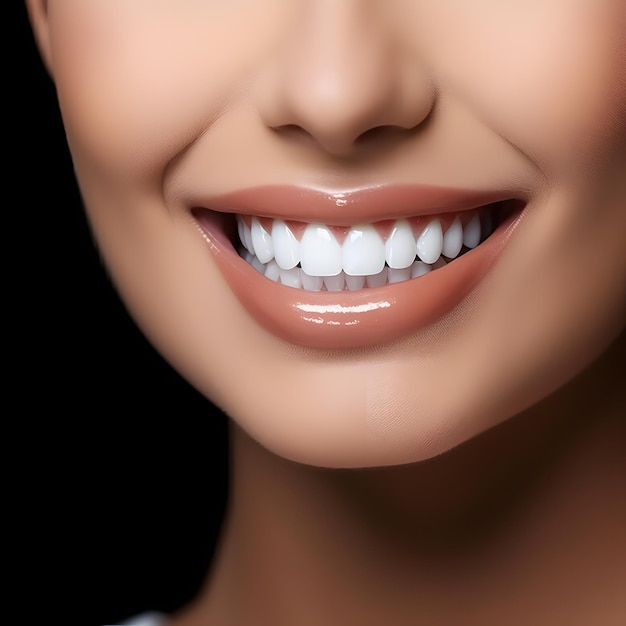 Banner com close de uma linda mulher sorridente com dentes brancos perfeitos isolados em preto escuro