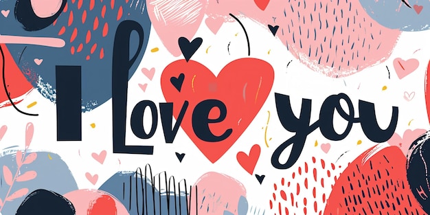 Banner com corações vermelhos ilustrados e fundo abstrato e texto Eu te amo para o Dia dos Namorados Espaço de cópia