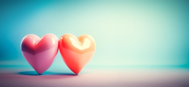 Banner com dois pequenos corações brilhantes Cartão de saudação com copyspace para o Dia dos Namorados