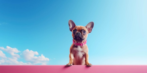 banner com espaço para o seu texto com um cão bonito em uma cerca rosa e fundo azul adotar-me