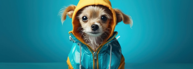 Foto banner com espaço para o seu texto com um cão molhado bonito com roupas para a chuva gerada por ai