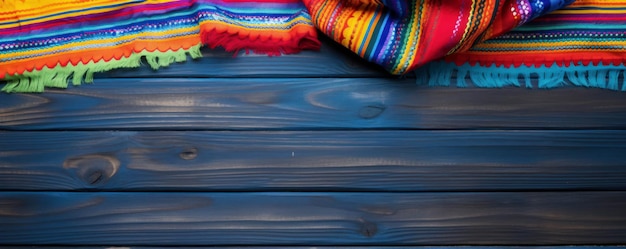 Foto banner com espaço para texto com uma imagem de uma mesa de madeira em roupas tradicionais peruanas