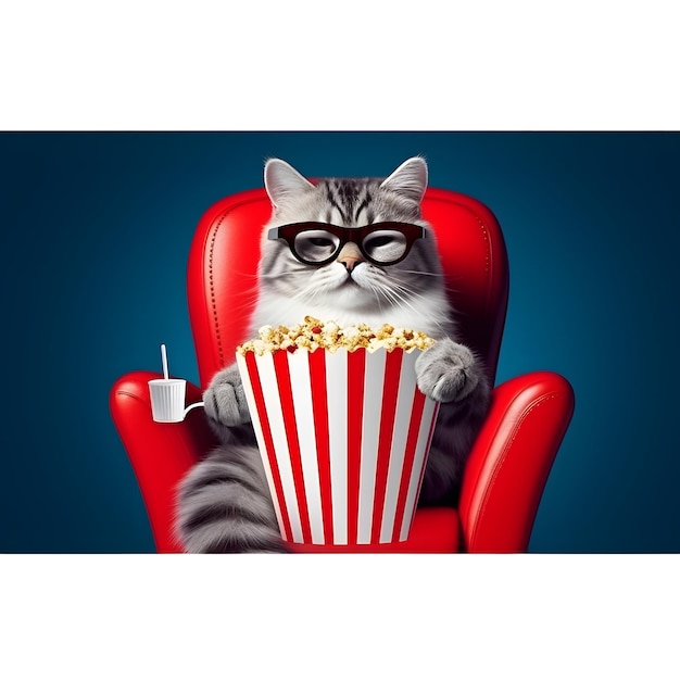 Banner com gato assistindo filme 3D com pipoca sentado em uma poltrona vermelha