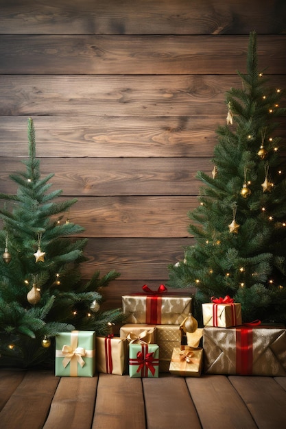 banner com lugar para texto Fundo claro de madeira com duas árvores de Natal nas laterais Ano Novo ou Natal