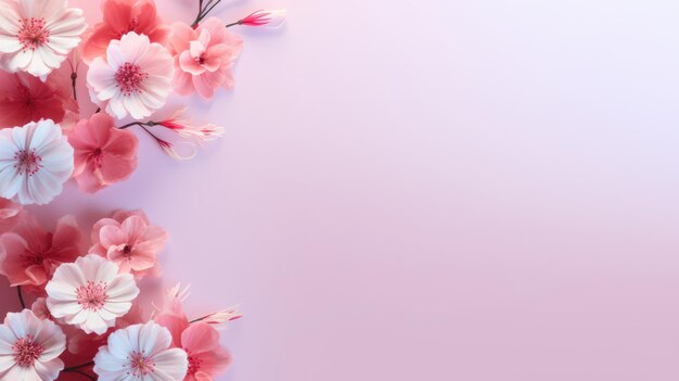 Banner com moldura feita de flores de rosa e folhas verdes em um fundo rosa Composição de primavera