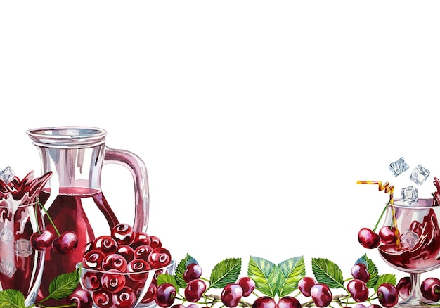 Banner com suco de cereja em um copo e decantador Ilustração desenhada à mão em aquarela