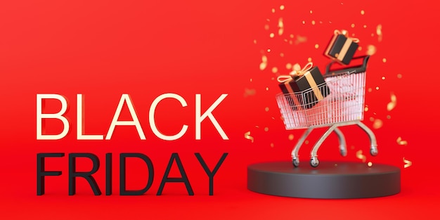 Banner com texto de BLACK FRIDAY apresenta e carrinho de compras Letras douradas e pretas sobre fundo vermelho Oferta especial bom preço hora de compras Venda de sexta-feira negra Desconto renderização em 3d