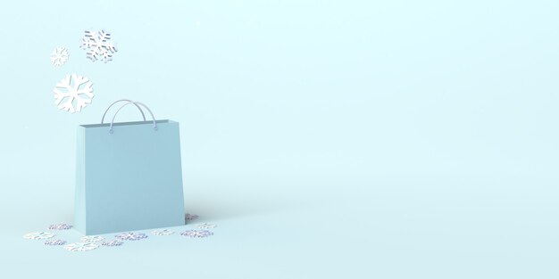 Banner de compras de temporada de invierno. Bolsa de compras con copos de nieve. Ilustración 3D. Espacio para copia promocional, descuento o rebajas.