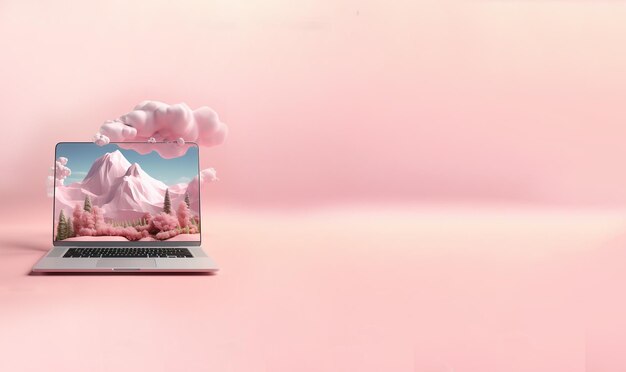 Banner de computadora portátil 3d rosa de ensueño con lindas nubes