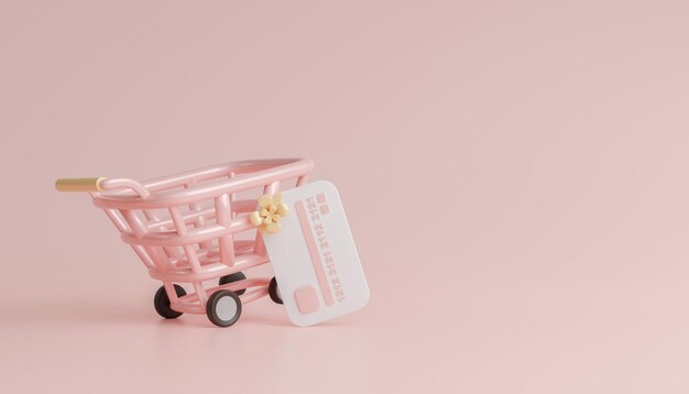 Banner de concepto de evento de compras con carrito de compras y tarjeta de regalo sobre fondo rosa ilustración de representación 3d