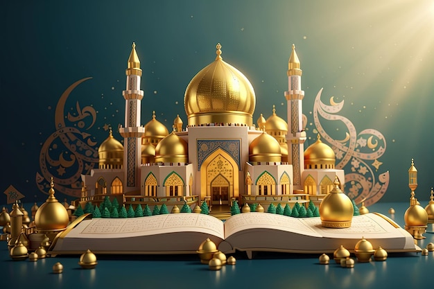 Banner de concepto de juguete Eid Mubarak 3D con la Mezquita de Oro y el Corán