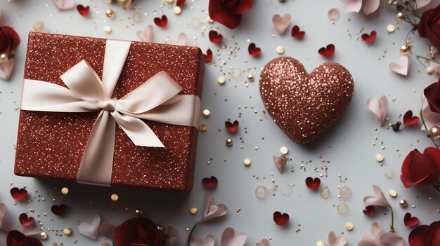 Banner conceptual del día de San Valentín con caja de regalo hecha a mano, papel cortado, arco de cinta y muchos corazones en un fondo rojo con espacio para el texto