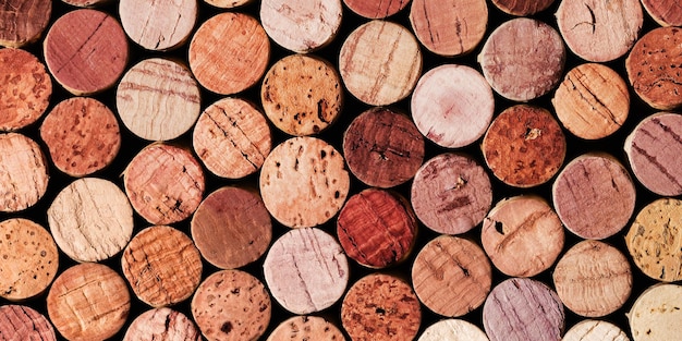 Banner de corcho de vino de vino tinto textura natural usado tapones de botella vista superior degradado rojo