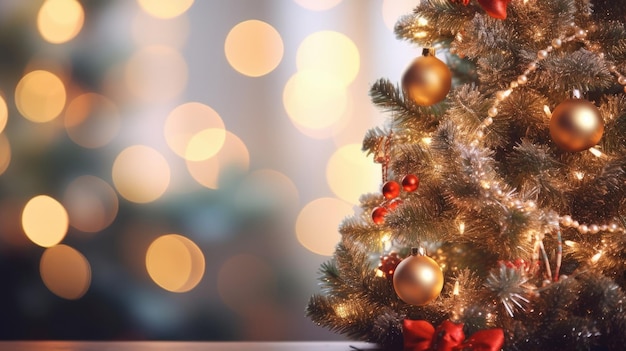 Banner criativo de Natal e Ano Novo com espaço de cópia Composição festiva com árvore de Natal decorada em fundo desfocado