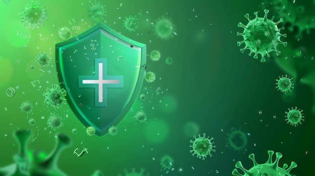 Foto banner con cruz de escudo y bacterias en fondo verde ilustración realista moderna de la burbuja de seguridad inmune atacada por células picadas plantilla de póster médico