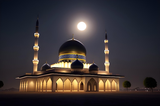 Banner da Mesquita Islâmica Masjid Lua noturna Ramadan Eid Mubarak Saudações Ramzaan Generative AI